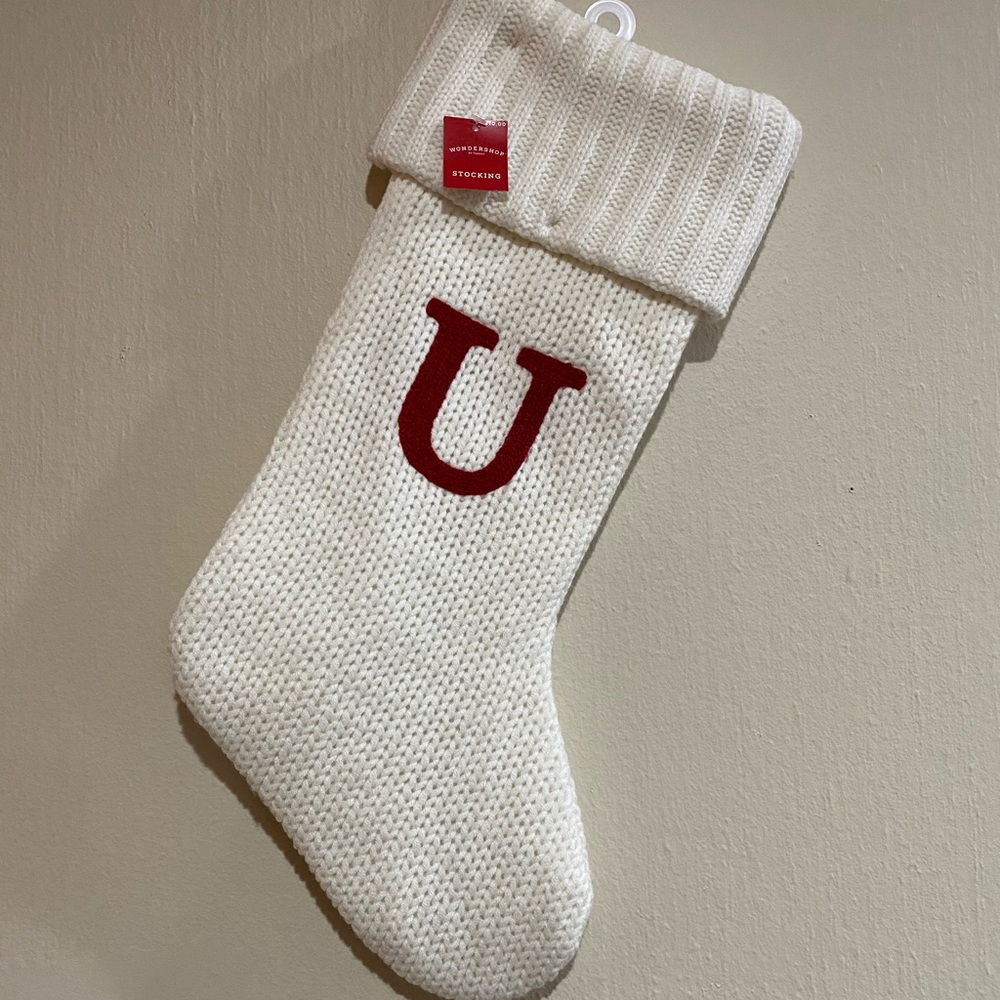 Letter Initial Monogram U 20" White Holiday Knit Stocking Xmas Wondershop